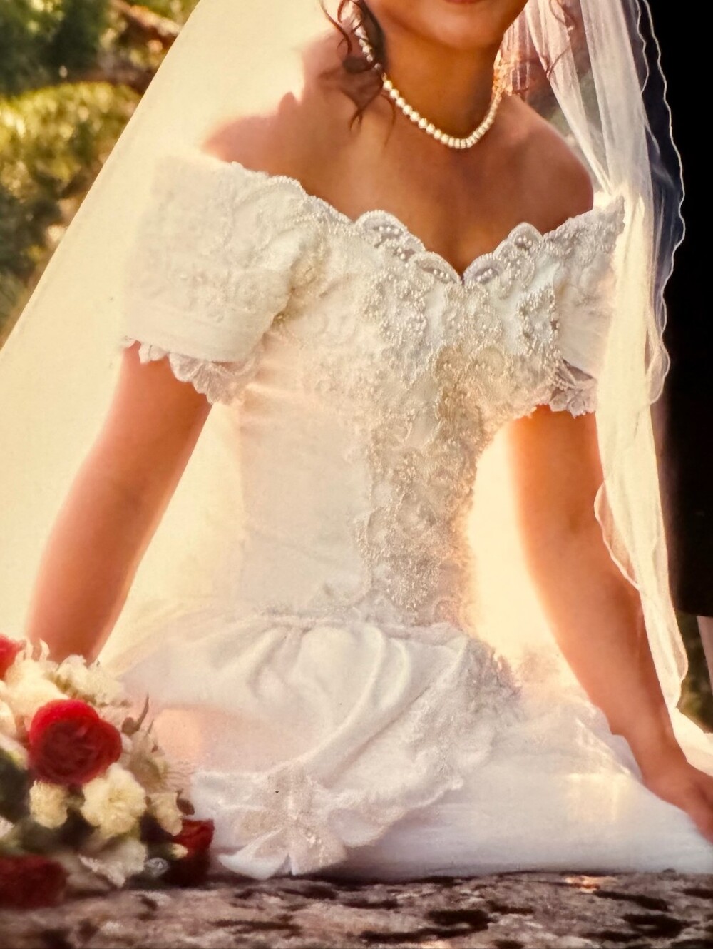 Vintage Off-Shoulder White Embellished Wedding Dress